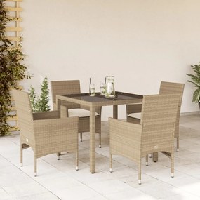 Set da pranzo da giardino 5 pz con cuscini polyrattan e vetro