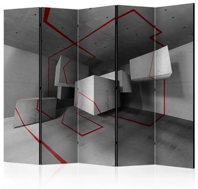 Paravento separè Sentiero rosso II (5 parti) - astrazione grigia in 3D