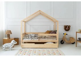 Letto da bambini a forma di casa/estraibile di colore naturale in pino massiccio con contenitore con rete inclusa 90x180 cm RMW – Adeko