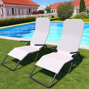 Coppia Di Lettini Basculante Pieghevole Prendisole Sedia Con Braccioli Sdraio Schienale Reclinabile Regolabile Struttura In Metallo Tubolare Spiaggia Mare Giardino Piscina 173 x 66 x 60 Cm (Bianco)