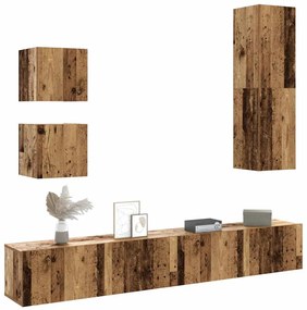 Set Mobile Tv 5 Pz Montato A Parete Legno Antico İn Truciolato /