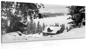 Quadro su tela – Casetta di legno tra pini innevati in bianco e nero