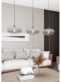 Lampadario 3 Luci Iris In Acciaio Nero Paralume Plissettato Fumè