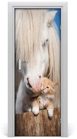 Sticker porta Cavallo bianco con un gatto 75x205 cm