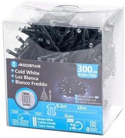 Aigostar - Catena LED natalizia da esterno 300xLED/8 funzioni 15,3m IP44 bianco freddo