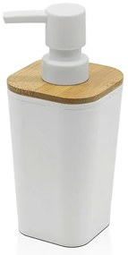 Dispenser sapone in finitura bianca opaca con dettagli in bambù
