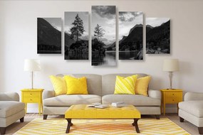Quadri 5 pezzi – Paesaggio montano in bianco e nero al lago