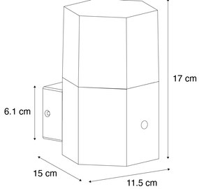 Lampada da parete per esterni nera con vetro fumé esagonale e sensore crepuscolare - Denmark