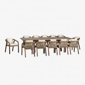 Set Tavolo Rettangolare Allungabile (200-300x100 Cm) E 12 Sedie Da Pranzo Con Braccioli In Legno Di Acacia Dubai Gardenia Bianco & Marrone Acacia -