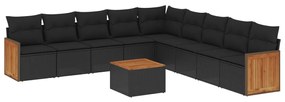 Set divani da giardino 10pz con cuscini in polyrattan nero