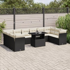 Set divani da giardino 11 pz con cuscini in polyrattan nero