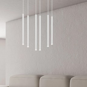 Lampadario 6 Luci Moderno Selter Acciaio Bianco E Paralumi A Cilindri Sottili