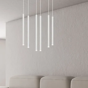 Lampadario 6 Luci Moderno Selter Acciaio Bianco E Paralumi A Cilindri Sottili
