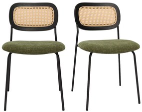 Sedie design in tessuto effetto velluto testurizzato verde kaki, metallo nero e intreccio di rattan (set di 2) MIRANDA