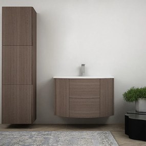 Mobile bagno sospeso 90 cm Rovere scuro design tondo con colonna da 170 cm