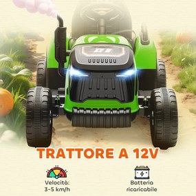 Trattore Elettrico per Bambini 12V con Rimorchio Staccabile 139x58x55 cm e Telecomando Verde...