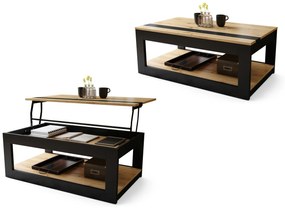 LUSSO Rovere Artisan/Nero Opaco - MODERNO TAVOLINO CON PIANO SOLLEVABILE + PORTAOGGETTI + MENSOLA (CON ROTELLE!)