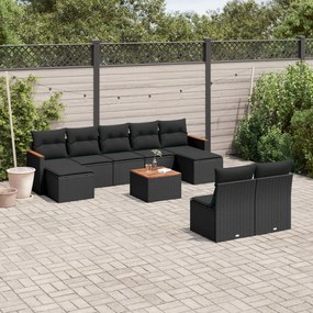 Set divani da giardino 10pz con cuscini in polyrattan nero