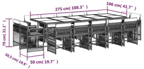 Set da pranzo da giardino 15 pz con cuscini nero in polyrattan