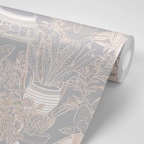 Carta da parati autoadesiva – Motivo botanico in tonalità grigio-beige