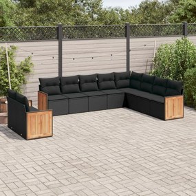 Set divani da giardino 10pz con cuscini in polyrattan nero