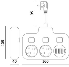 Presa multipla con interruttore LINEA 2x230V + 4xUSB A/C SCHUKO nera