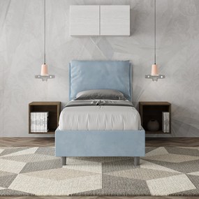Letto singolo imbottito 80x200 microfibra Antea senza rete, con rete e contenitore, Azzurro / Contenitore