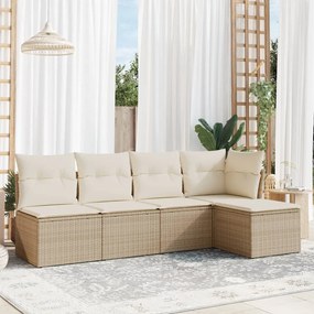 Set Divano da Giardino 5 pz con Cuscini Beige in Polyrattan