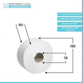 Carta igienica industriale in confezione da 12 rotoli a 2 veli