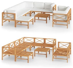 Set Divani Giardino 10 pz Cuscini Crema Legno Massello di Teak