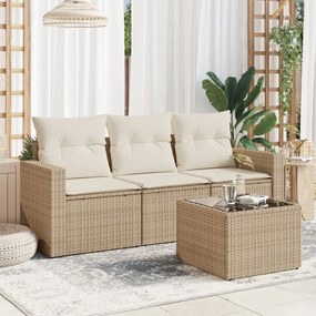 Set divano da giardino 4 pz con cuscini beige in polyrattan