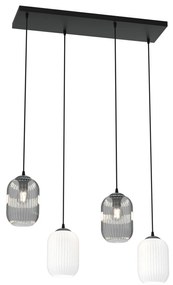 Lampadario 4 Luci Selene In Acciaio Nero E Vetri Plissettati In Bianco E Fumè