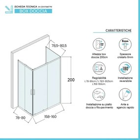 Box doccia 3 lati 80x160x80 cm con doppia porta scorrevole in vetro serigrafato Ted