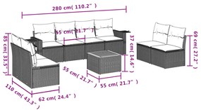 Set divani da giardino 9 pz con cuscini nero in polyrattan