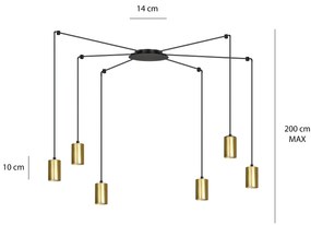 Sospensione A Ragno In Acciaio Nero E Oro 6 Luci Tracker Con Cavo 3 Metri