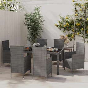 Set da pranzo per esterni 7 pz con cuscini in polyrattan grigio