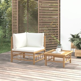 Set salotto da giardino 2pz con cuscini bianco crema in bambù