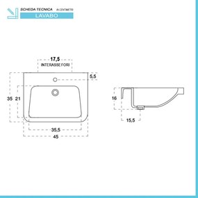 Lavabo sospeso 45x35 salvaspazio bianco in ceramica