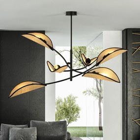 Sospensione Nordica 6 Luci Ares In Acciaio E Rattan Con Bracci Regolabili