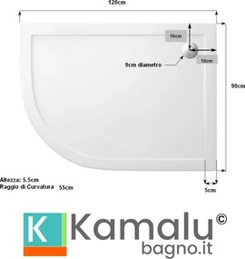 Piatto doccia 120x90 semicircolare versione destra KAM-1200 - KAMALU