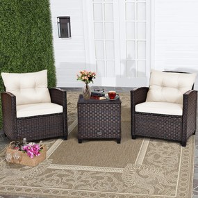 Costway Set di 3 mobili da patio con 4 cuscini rimovibili, Set di 2 sedie e 1 tavolino in rattan con piano in vetro 3 Colori