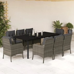 Set da pranzo da giardino 9 pz con cuscini in polyrattan grigio