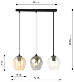 Lampadario 3 Luci Fuxi In Acciaio Nero E Vetri Ambra, Trasparente E Fumè