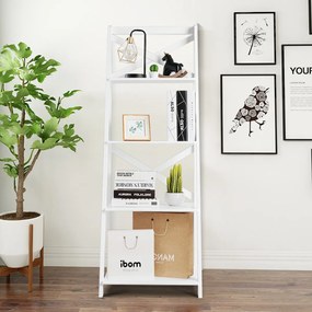 Costway Scaffale a scala in legno a 4 ripiani per soggiorno, Libreria mobile portaoggetti 50x46x143cm Bianco