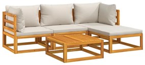 Set salotto giardino 5pz cuscini grigio chiaro legno massello