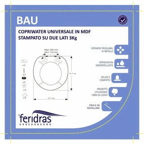 Copriwater universale in legno MDF stampato bau con cerniere regolabili