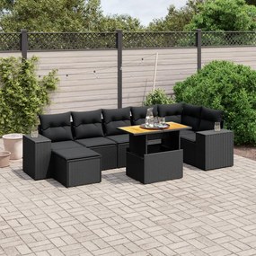 Set divani da giardino con cuscini 8 pz nero in polyrattan