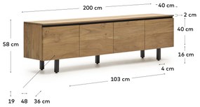 Kave Home - Mobile TV Uxue a 4 ante in legno massello di acacia finitura naturale 200 x 58 cm