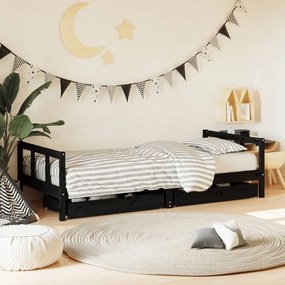 Giroletto Bambini Con Cassetti Nero 90x200cm Massello Di Pino /