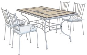 VENTUS - set tavolo da giardino con piano in mosaico 160x90 compreso di 4 poltrone in ferro